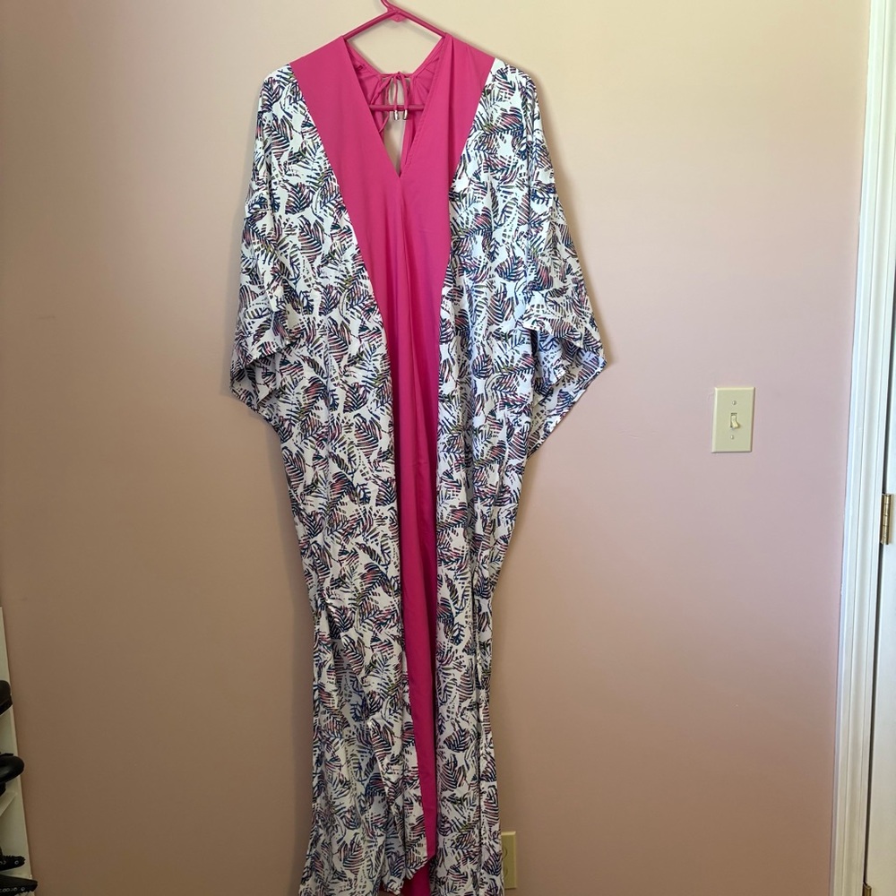 Coolibar NWT Pink Trim and White Patterned Kimono Dress - Picture 2 of 10